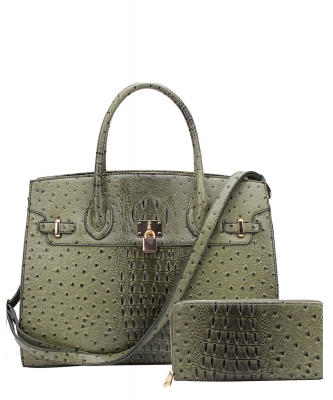 Ostrich Croc Padlock 2n1 Satchel Faux leather OS1096W OLIVE